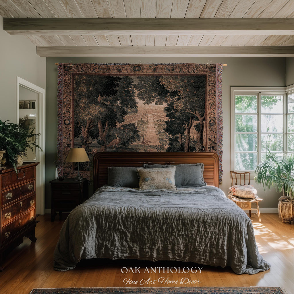 Heritage Parterre Artwork Elegant Tapestry, Old World European Villa Garden Woven Throw Blanket 18th Century Verdure Botanical Chateau Style