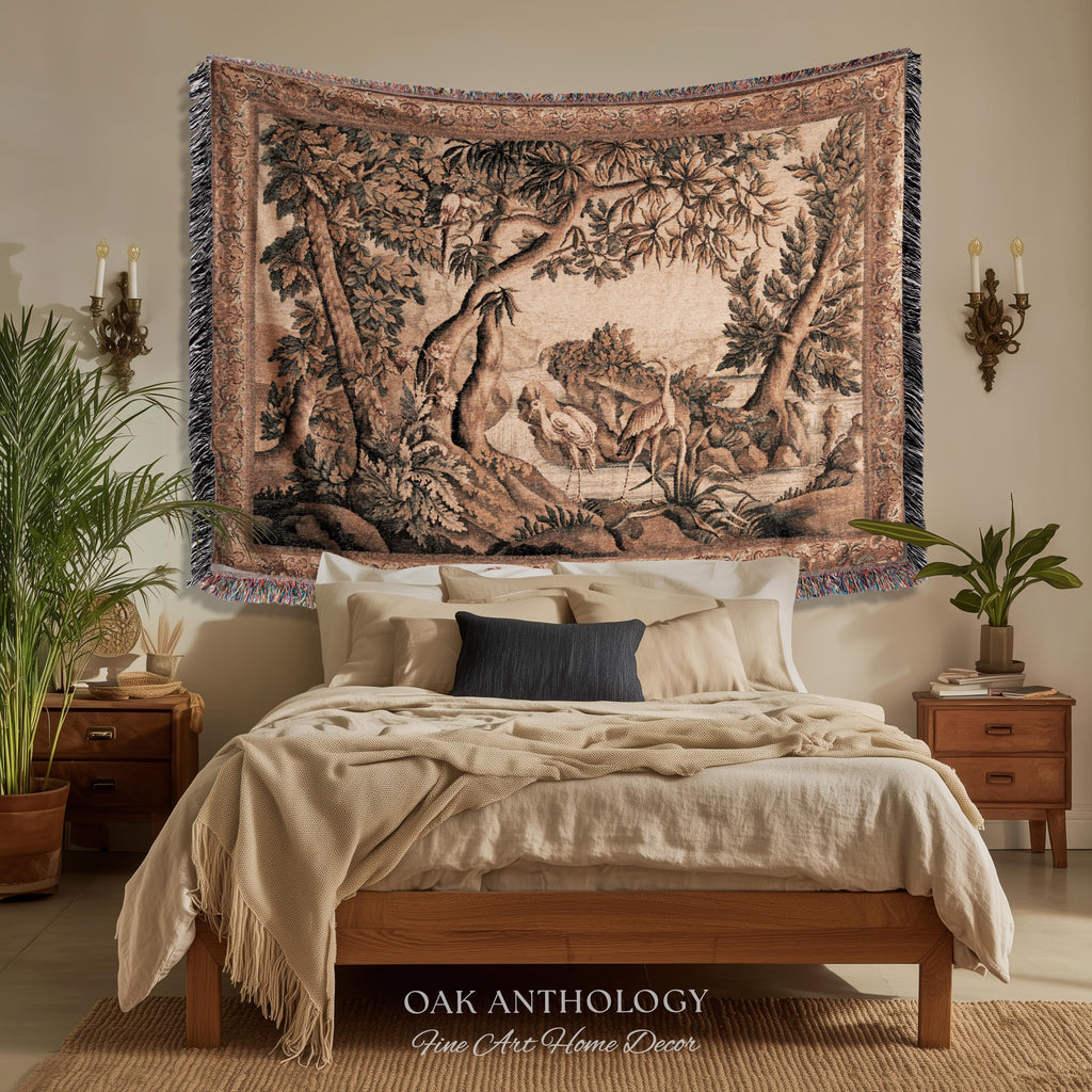 Traditional Woven French Verdure Birds Tapestry, Timeless European Wall Art Naturalist 18th Century Heron Landscape Romantic Old World Decor