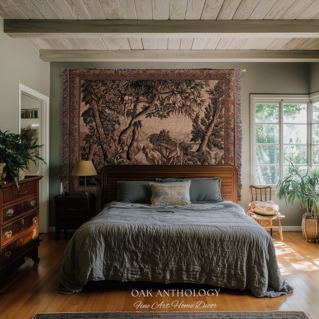 Traditional Woven French Verdure Birds Tapestry, Timeless European Wall Art Naturalist 18th Century Heron Landscape Romantic Old World Decor
