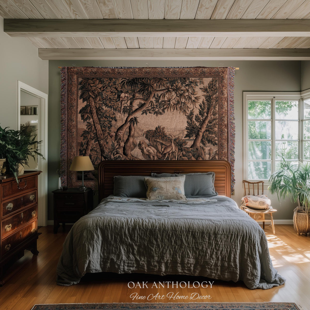 Traditional Woven French Verdure Birds Tapestry, Timeless European Wall Art Naturalist 18th Century Heron Landscape Romantic Old World Decor