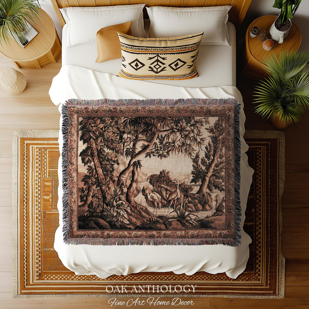 Traditional Woven French Verdure Birds Tapestry, Timeless European Wall Art Naturalist 18th Century Heron Landscape Romantic Old World Decor