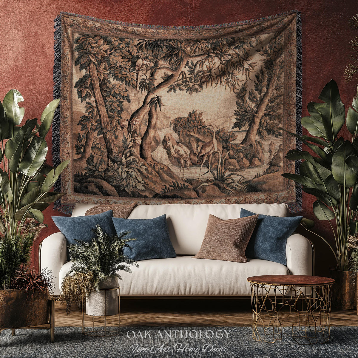 Traditional Woven French Verdure Birds Tapestry, Timeless European Wall Art Naturalist 18th Century Heron Landscape Romantic Old World Decor