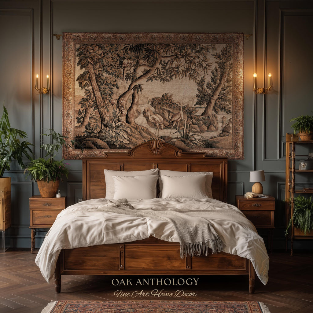 Traditional Woven French Verdure Birds Tapestry, Timeless European Wall Art Naturalist 18th Century Heron Landscape Romantic Old World Decor
