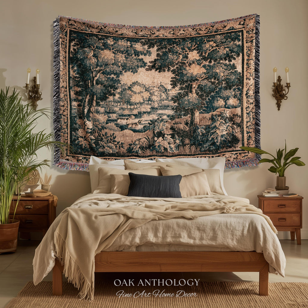 Wooded Waterway Elegant European Scenery Heritage Landscape Tapestry | Rustic Elegance Woodland Riverbank Art Traditional Woven Wall Hanging