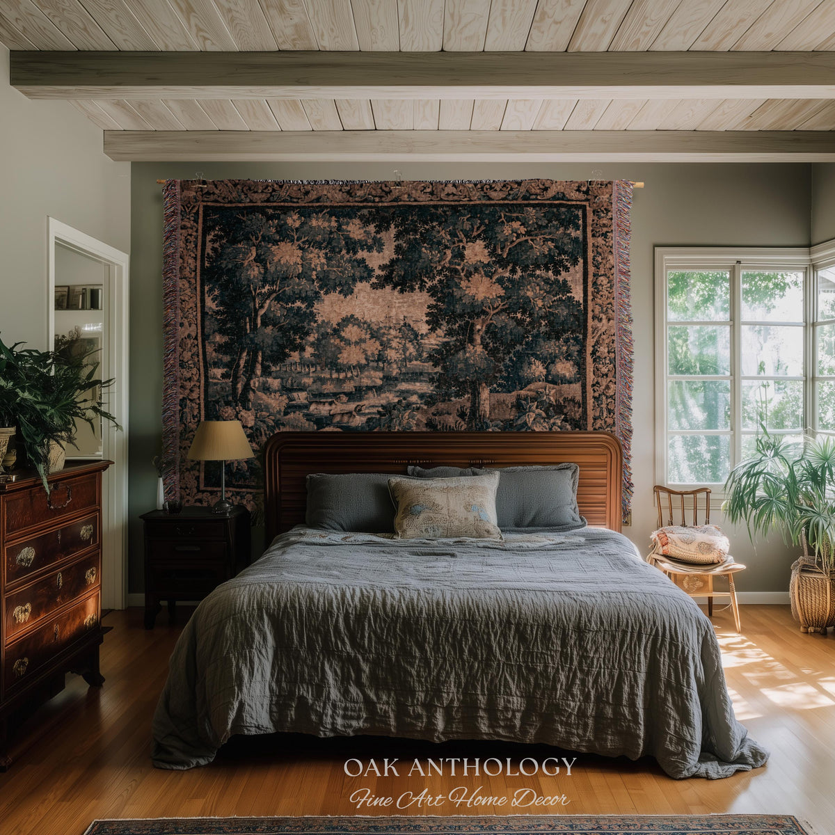 Wooded Waterway Elegant European Scenery Heritage Landscape Tapestry | Rustic Elegance Woodland Riverbank Art Traditional Woven Wall Hanging