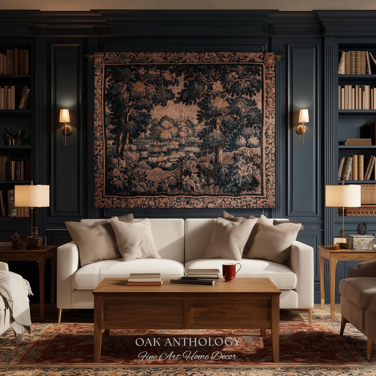 Wooded Waterway Elegant European Scenery Heritage Landscape Tapestry | Rustic Elegance Woodland Riverbank Art Traditional Woven Wall Hanging