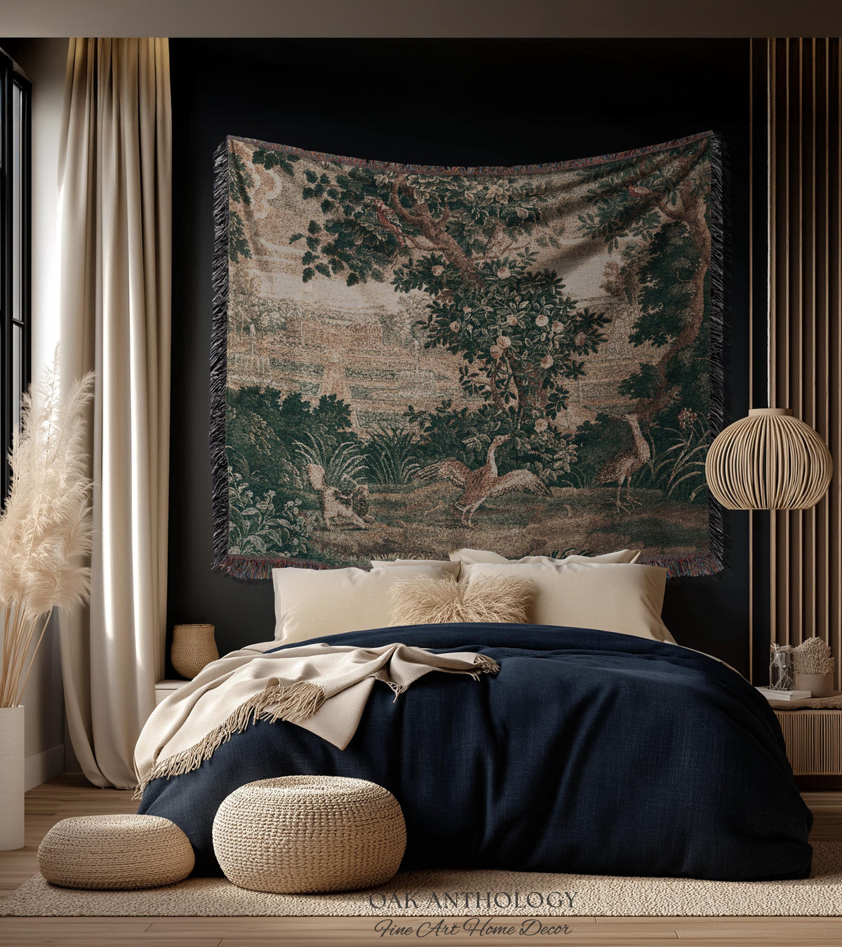 18th Century French Château Garden Tapestry Verdure Landscape with Exotic Birds | Antique Rococo Reproduction Textile Heritage Wall Decor