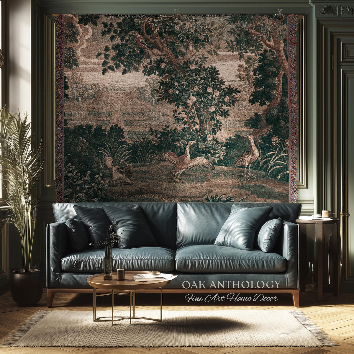 18th Century French Château Garden Tapestry Verdure Landscape with Exotic Birds | Antique Rococo Reproduction Textile Heritage Wall Decor
