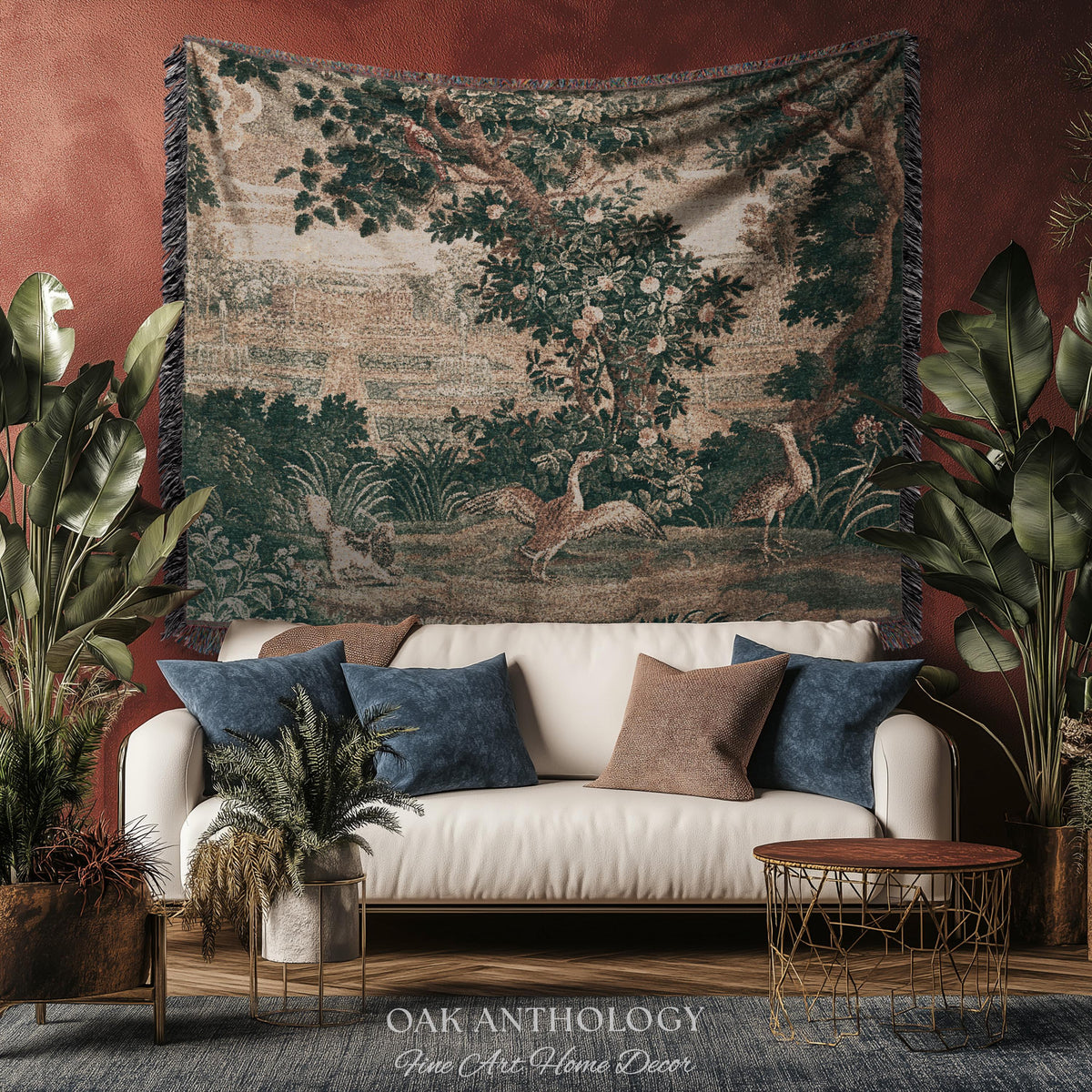 18th Century French Château Garden Tapestry Verdure Landscape with Exotic Birds | Antique Rococo Reproduction Textile Heritage Wall Decor