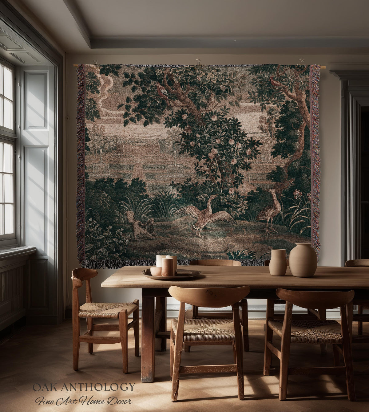 18th Century French Château Garden Tapestry Verdure Landscape with Exotic Birds | Antique Rococo Reproduction Textile Heritage Wall Decor