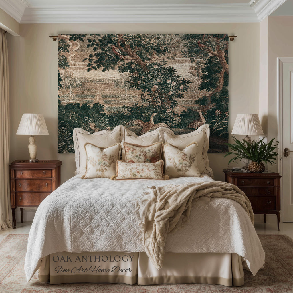18th Century French Château Garden Tapestry Verdure Landscape with Exotic Birds | Antique Rococo Reproduction Textile Heritage Wall Decor