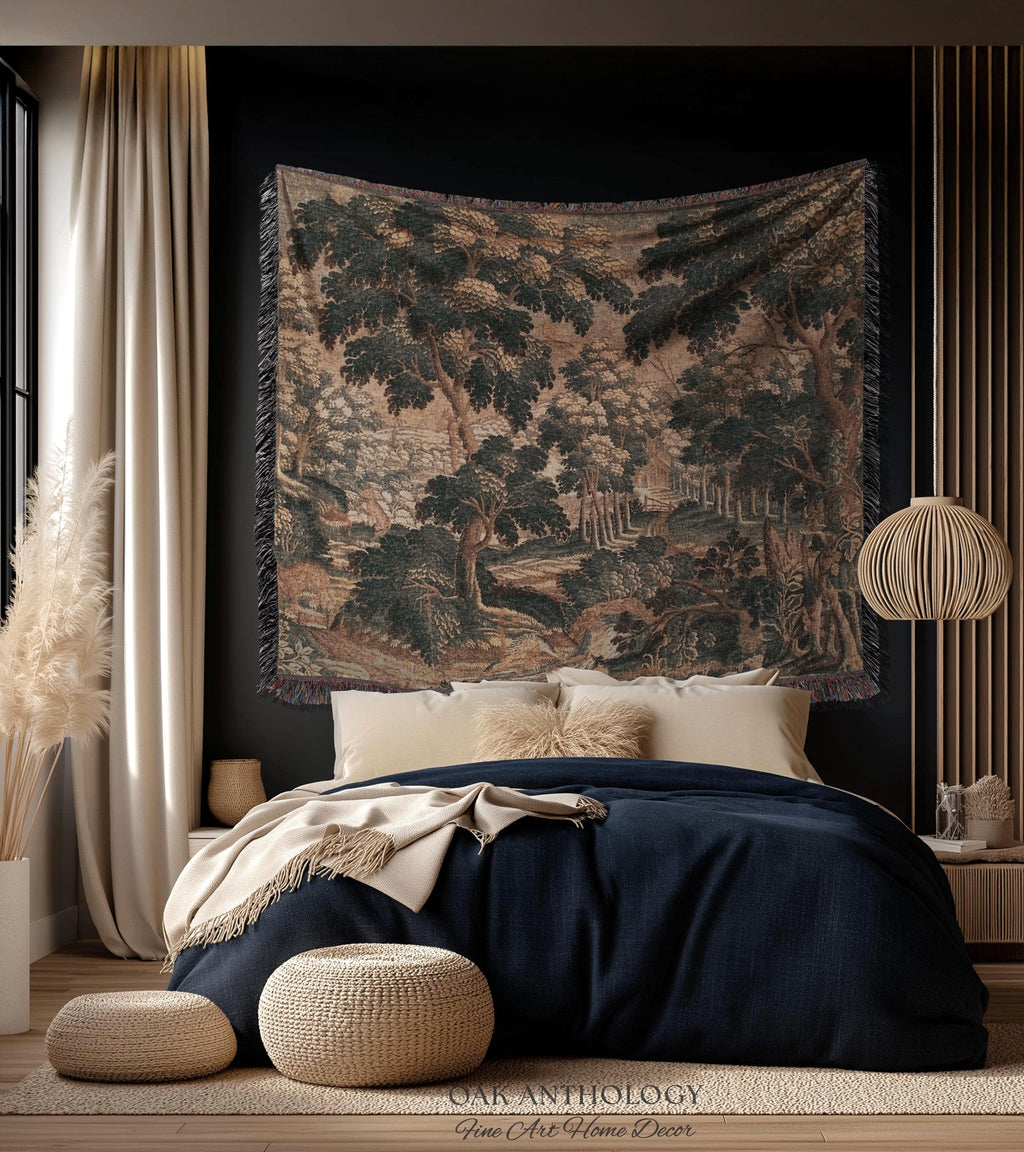 Romantic Old World Flemish Verdure Lush Forest Path Art Tapestry | Pastoral Woodland Wildlife Landscape Woven Wall Art Nature Scene Blanket
