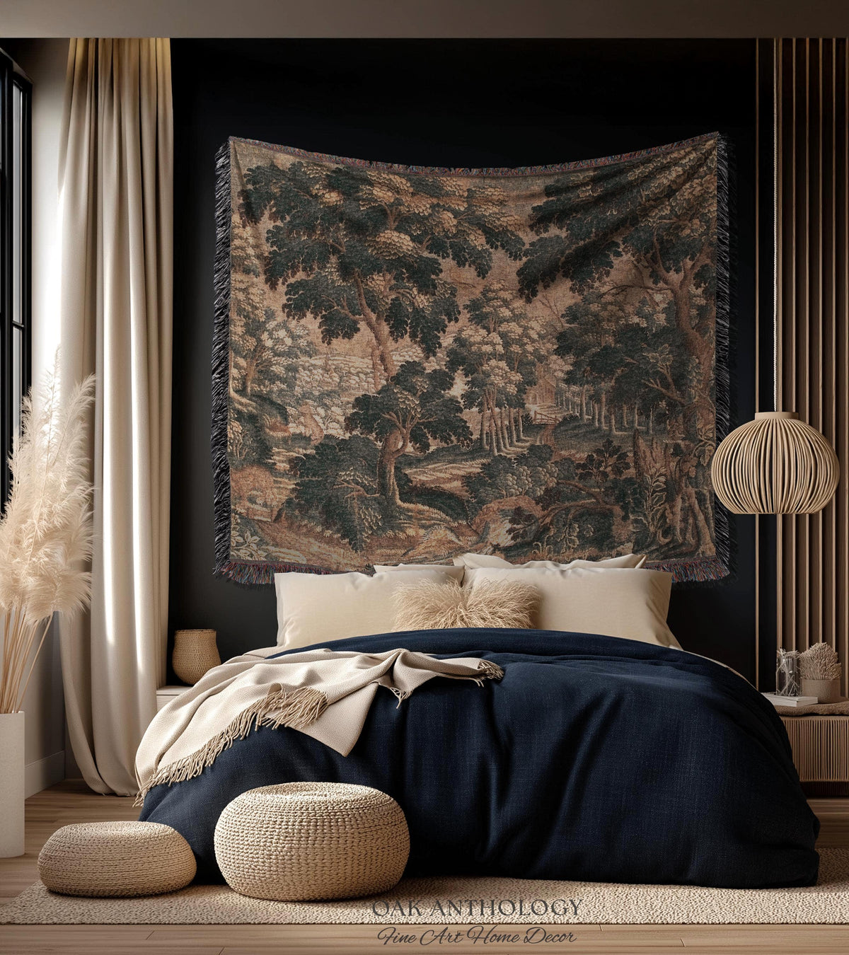 Romantic Old World Flemish Verdure Lush Forest Path Art Tapestry | Pastoral Woodland Wildlife Landscape Woven Wall Art Nature Scene Blanket