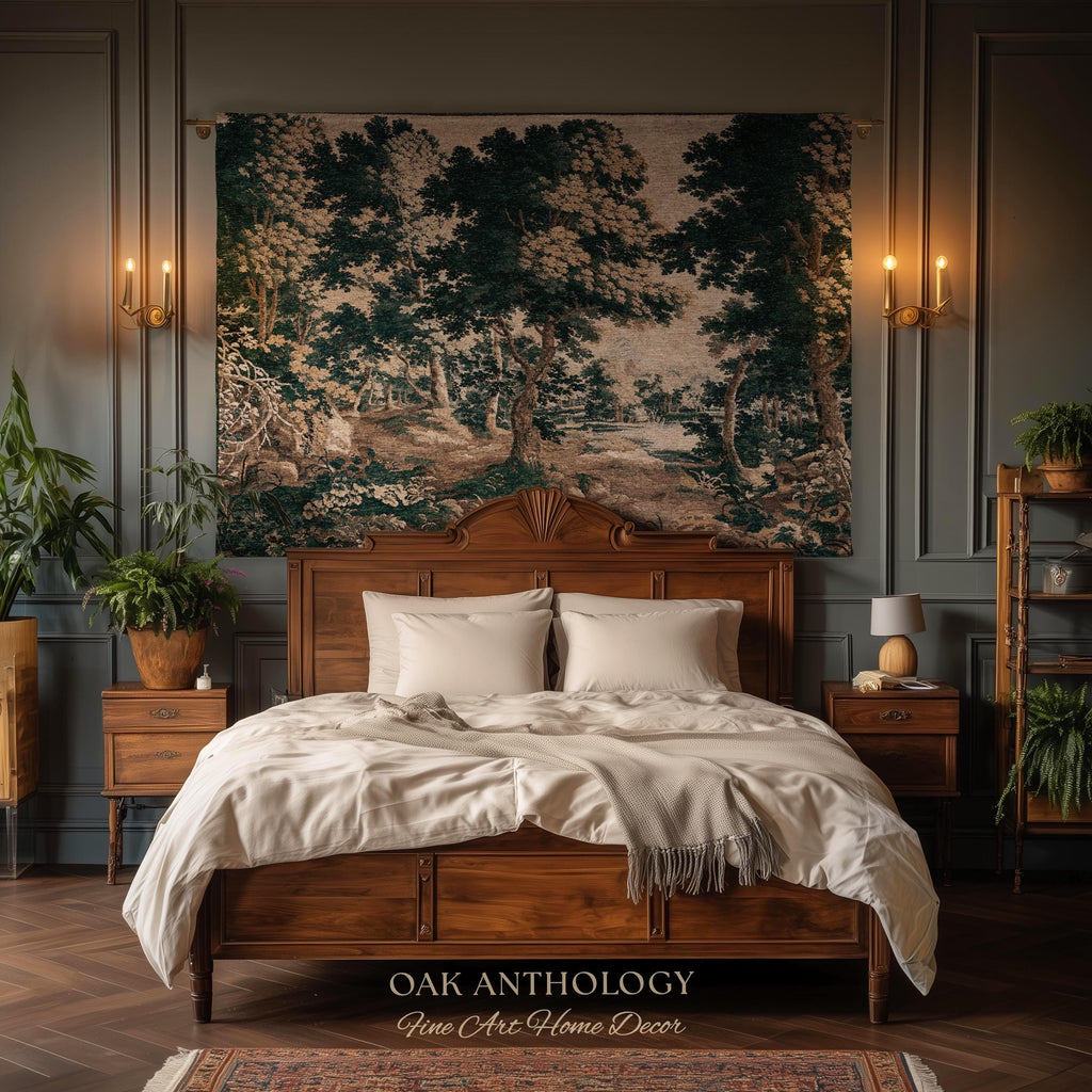 Classical Forest Verdure Tapestry Woodland with a Pond Antique Reproduction | European Traditional Jacquard Woven Textile Pastoral Wall Art