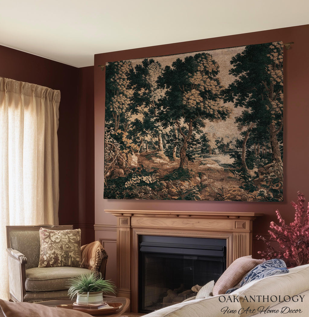 Classical Forest Verdure Tapestry Woodland with a Pond Antique Reproduction | European Traditional Jacquard Woven Textile Pastoral Wall Art