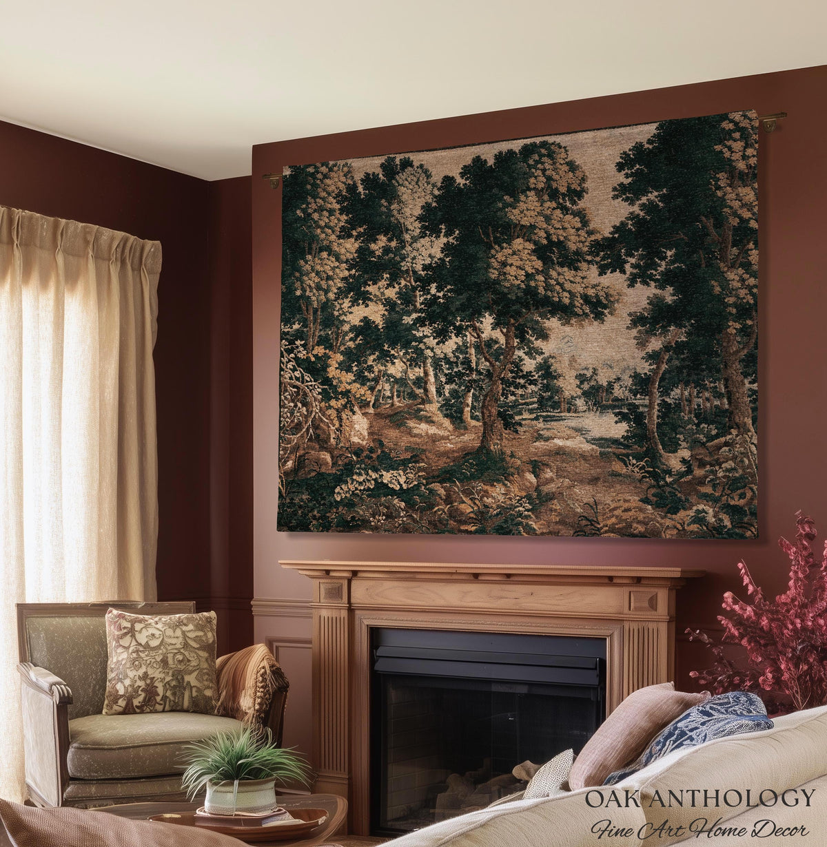 Classical Forest Verdure Tapestry Woodland with a Pond Antique Reproduction | European Traditional Jacquard Woven Textile Pastoral Wall Art