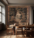 Historical Flemish Verdure Exotic Bird Tapestry Woodland Stream Landscape | Rustic Antique Landscape Textile Woven Old World Heritage Decor