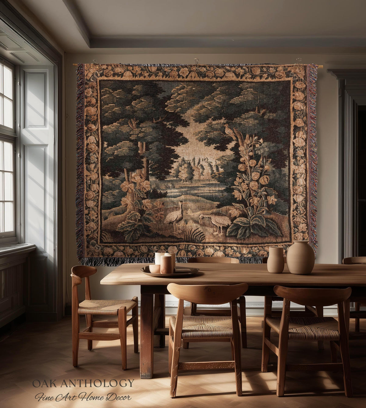 Historical Flemish Verdure Exotic Bird Tapestry Woodland Stream Landscape | Rustic Antique Landscape Textile Woven Old World Heritage Decor