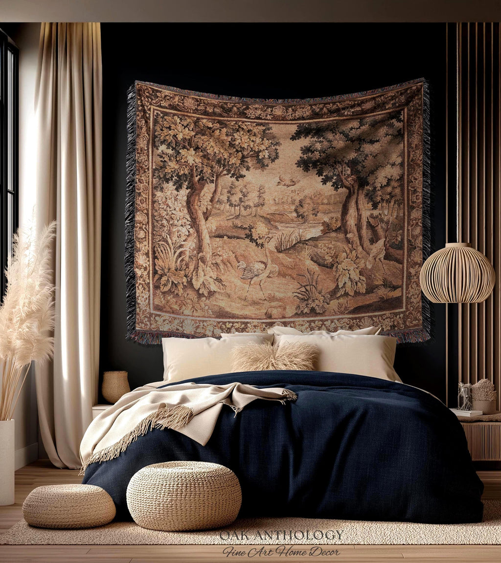 Serene River Scene French Aubusson Verdure Tapestry Woven Wall Hanging | Antique Bird Botanical Landscape Classical Textile Above Bed Art