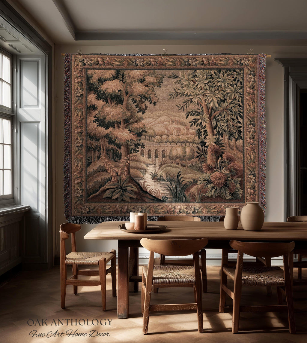 Rustic Aqueduct Landscape Aubusson Verdure Tapestry, French Countryside Traditional Influence Heirloom Throw Blanket Woven Woodland Wall Art