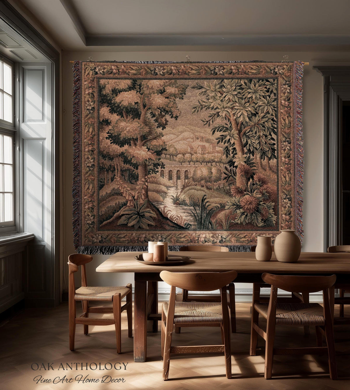 Rustic Aqueduct Landscape Aubusson Verdure Tapestry, French Countryside Traditional Influence Heirloom Throw Blanket Woven Woodland Wall Art