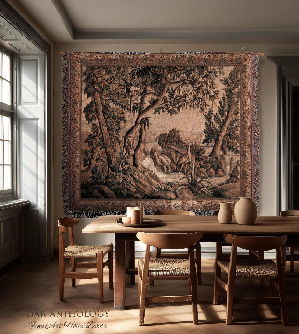 Traditional Woven French Verdure Birds Tapestry, Timeless European Wall Art Naturalist 18th Century Heron Landscape Romantic Old World Decor