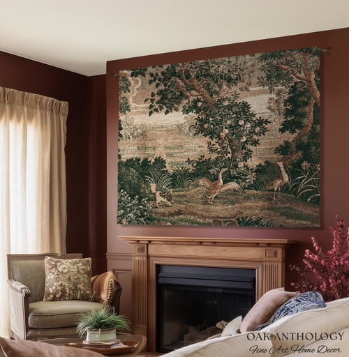 18th Century French Château Garden Tapestry Verdure Landscape with Exotic Birds | Antique Rococo Reproduction Textile Heritage Wall Decor