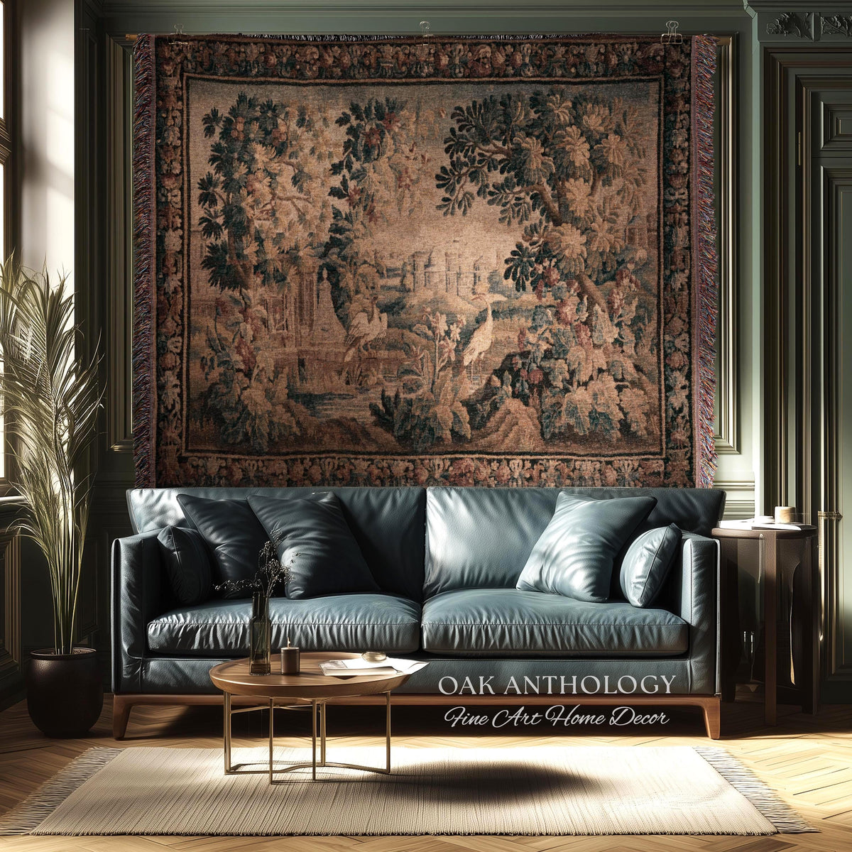 Château Landscape Verdure Wading Birds Tapestry Woven Wall Hanging | Early 18th Century Rolling Hills River Scene Reproduction Textile Art