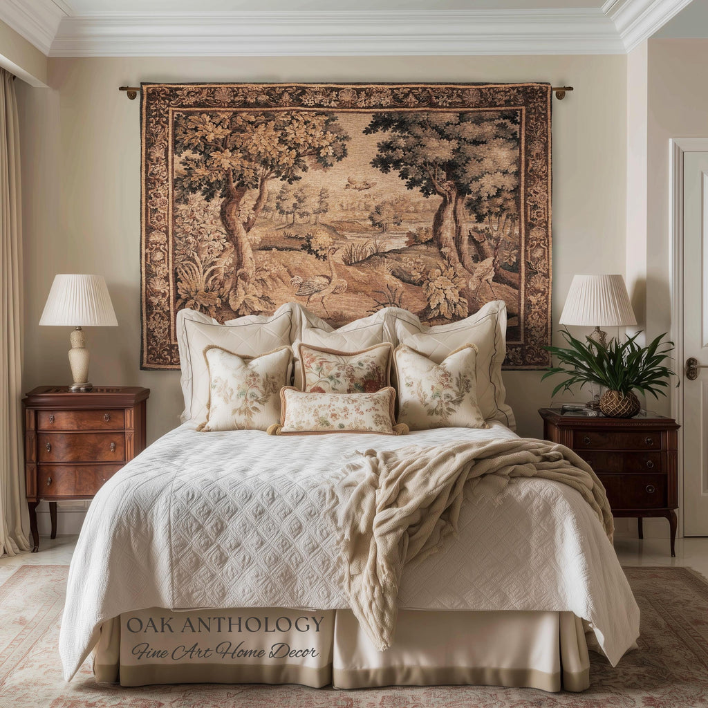 Serene River Scene French Aubusson Verdure Tapestry Woven Wall Hanging | Antique Bird Botanical Landscape Classical Textile Above Bed Art