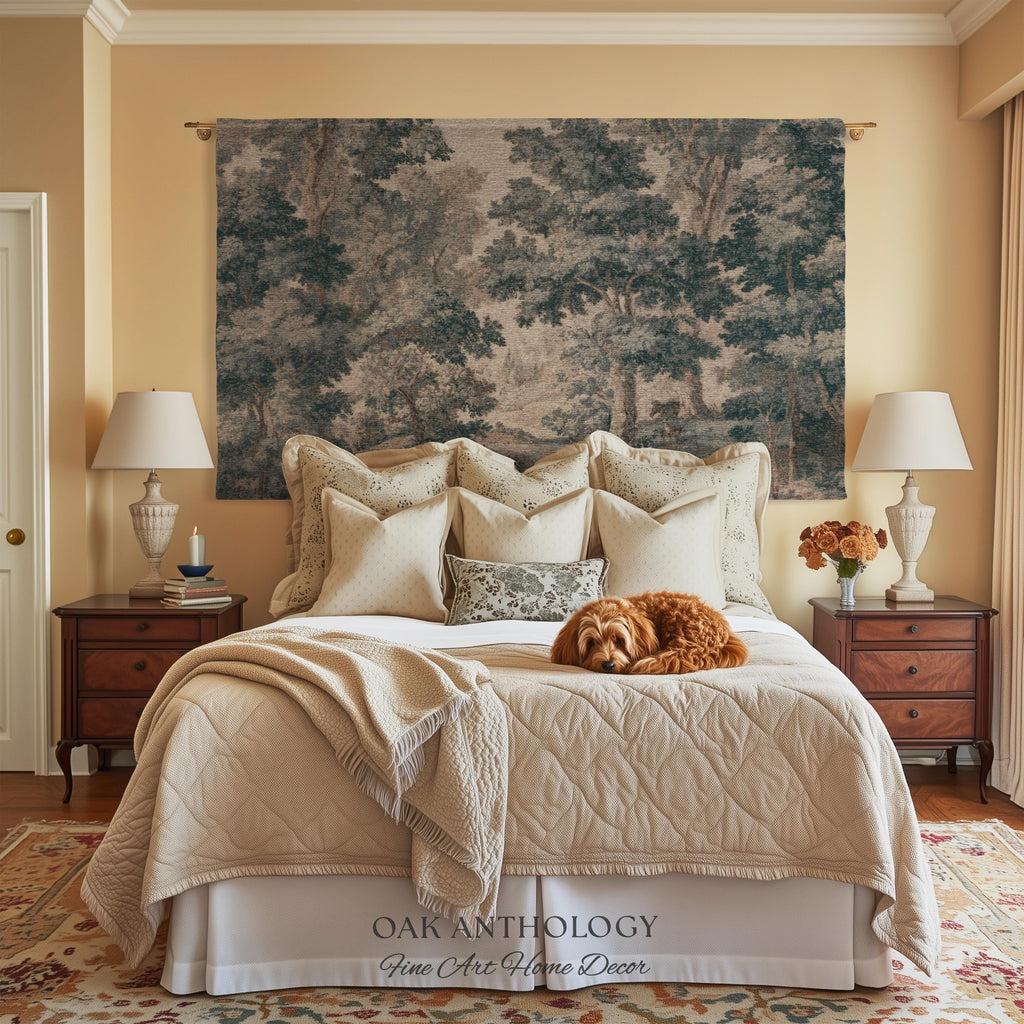 Muted Blue Woodland Landscape Tapestry Historic Forest Grove Scenic Woven Wall Art | English Country House Decor Verdure Style Serene Nature