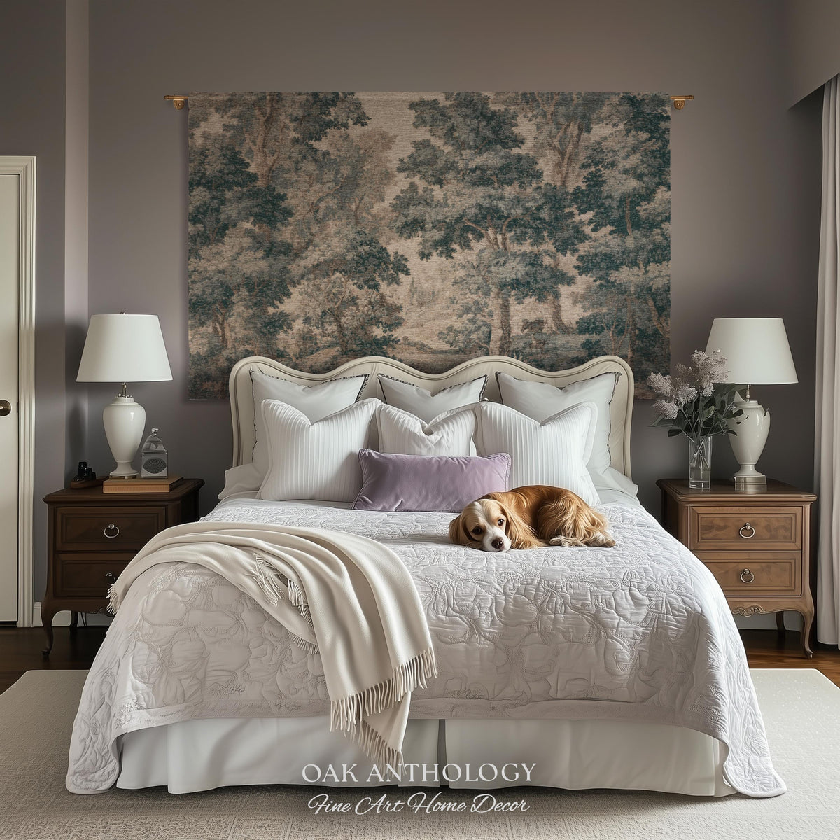 Muted Blue Woodland Landscape Tapestry Historic Forest Grove Scenic Woven Wall Art | English Country House Decor Verdure Style Serene Nature