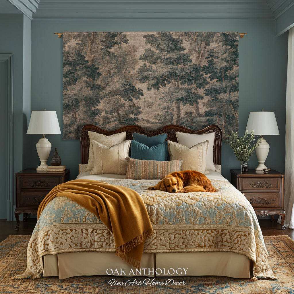 Muted Blue Woodland Landscape Tapestry Historic Forest Grove Scenic Woven Wall Art | English Country House Decor Verdure Style Serene Nature
