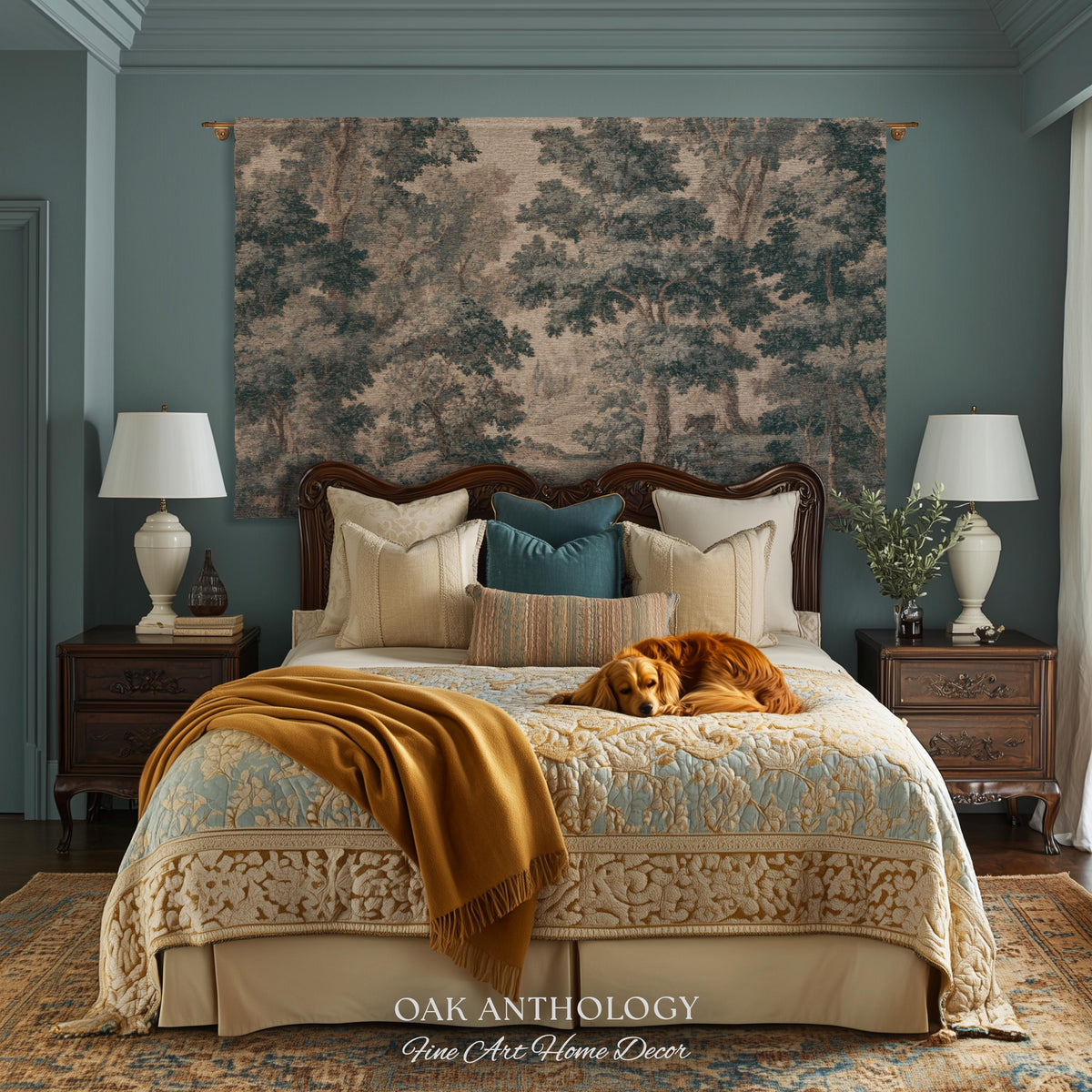 Muted Blue Woodland Landscape Tapestry Historic Forest Grove Scenic Woven Wall Art | English Country House Decor Verdure Style Serene Nature