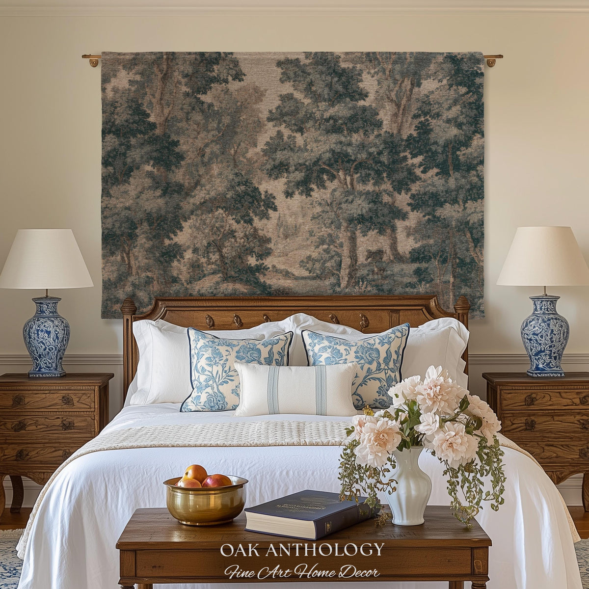 Muted Blue Woodland Landscape Tapestry Historic Forest Grove Scenic Woven Wall Art | English Country House Decor Verdure Style Serene Nature