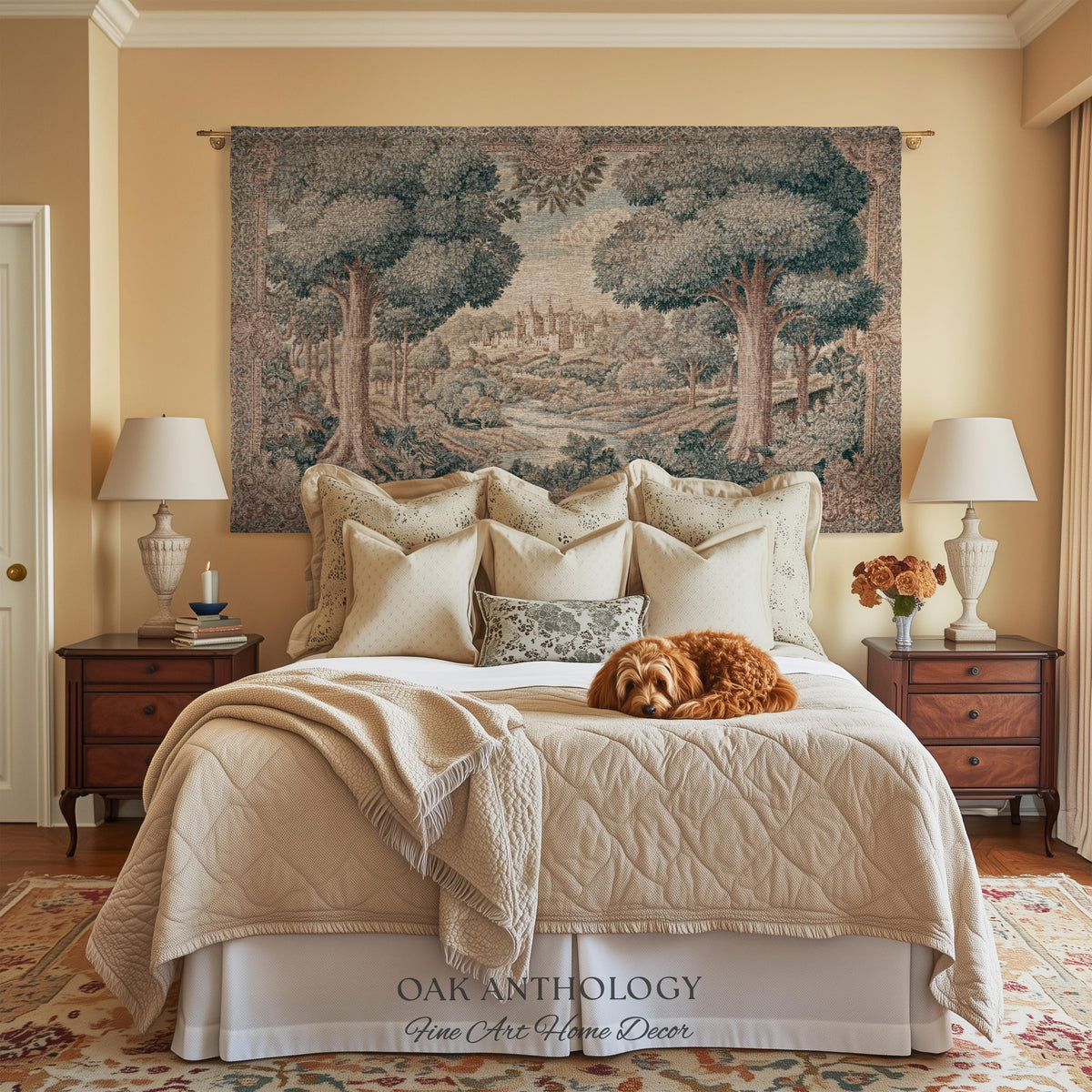 Storybook Castle Countryside Valley View Woven Tapestry Wall Hanging | Classical European River Landscape Heirloom Style Textile Art Decor