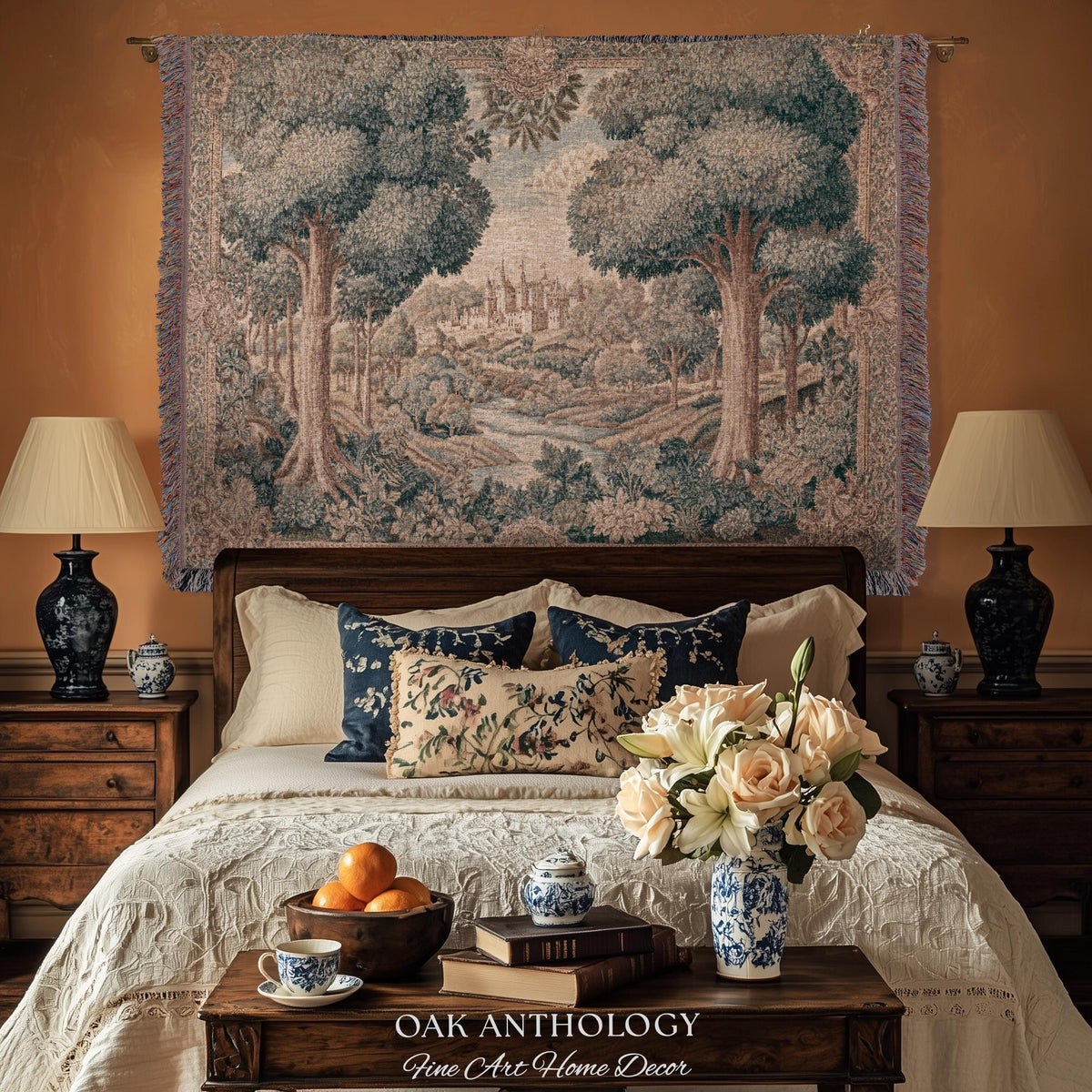 Storybook Castle Countryside Valley View Woven Tapestry Wall Hanging | Classical European River Landscape Heirloom Style Textile Art Decor
