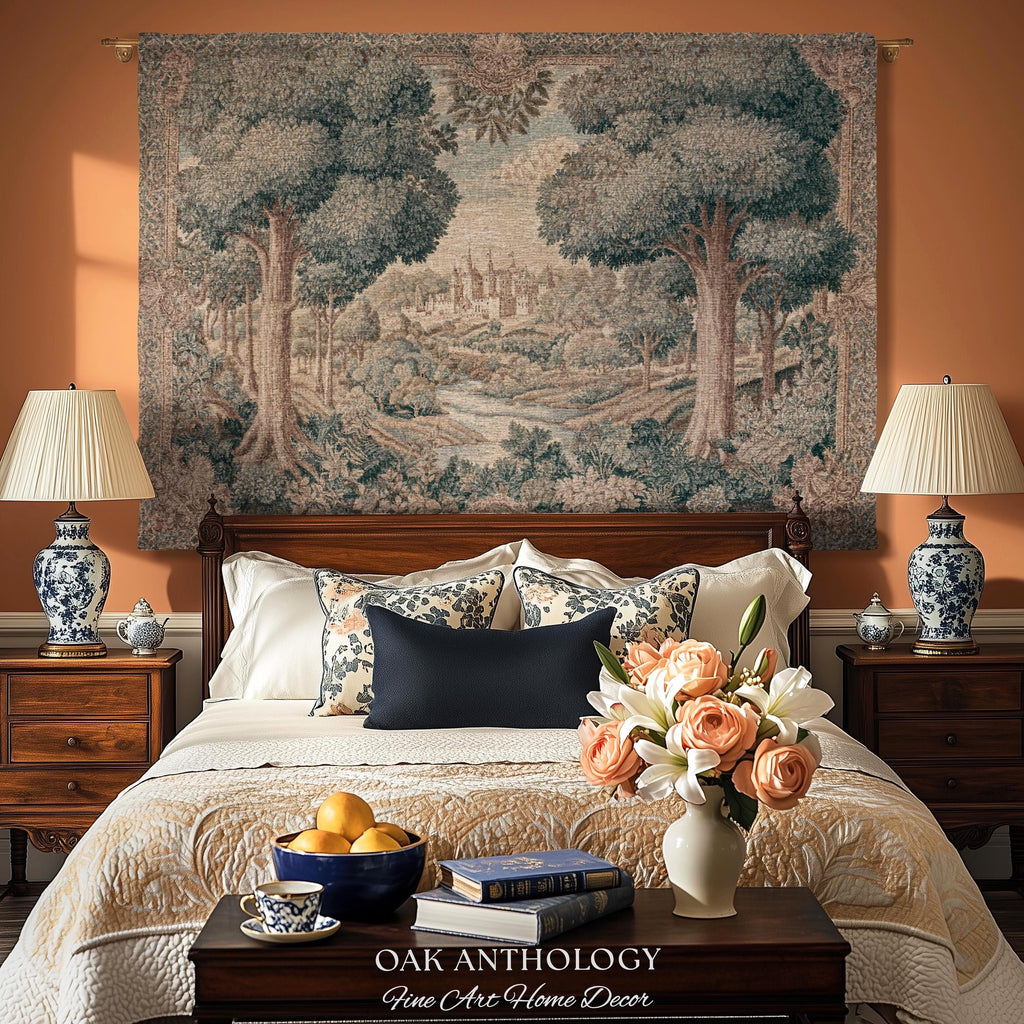 Storybook Castle Countryside Valley View Woven Tapestry Wall Hanging | Classical European River Landscape Heirloom Style Textile Art Decor