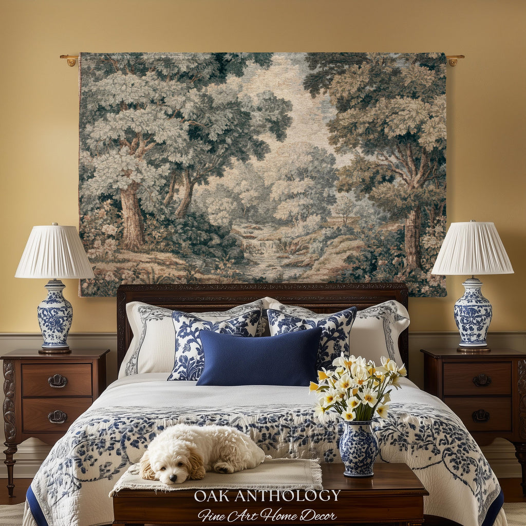 Misty Woodland Stream Scene Woven Waterfall Landscape Tapestry Wall Art | Serene Forest Grove Throw Blanket Classical Elegance Textile Decor