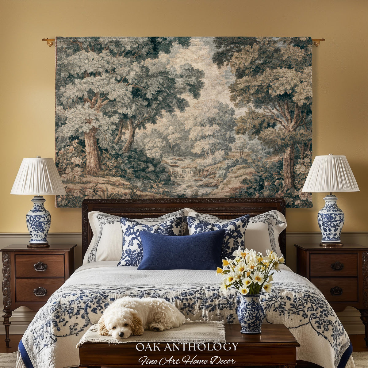 Misty Woodland Stream Scene Woven Waterfall Landscape Tapestry Wall Art | Serene Forest Grove Throw Blanket Classical Elegance Textile Decor