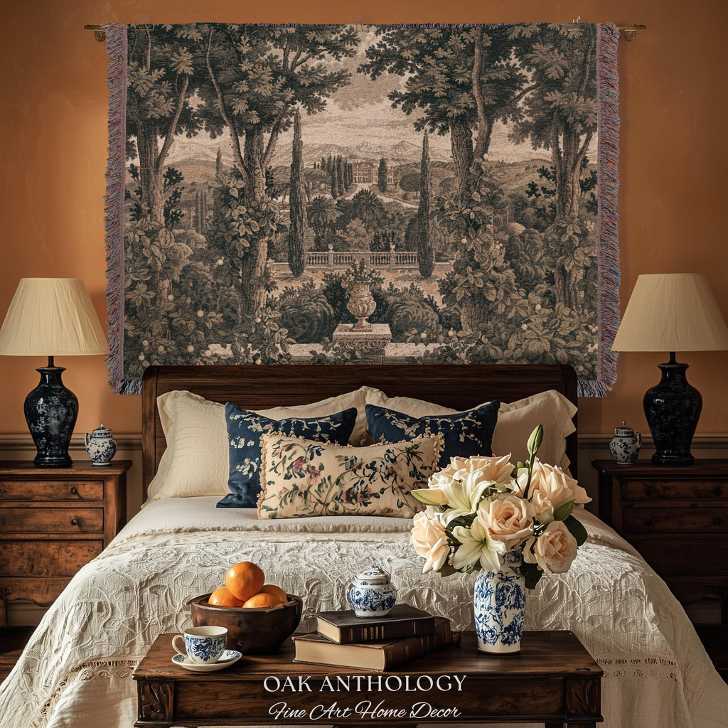 Scenic Tuscan Villa Garden View Woven Tapestry Wall Hanging | Italian Countryside Cypress Trees Landscape Classical Estate Textile Art Decor