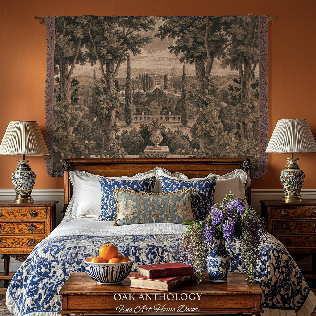 Scenic Tuscan Villa Garden View Woven Tapestry Wall Hanging | Italian Countryside Cypress Trees Landscape Classical Estate Textile Art Decor