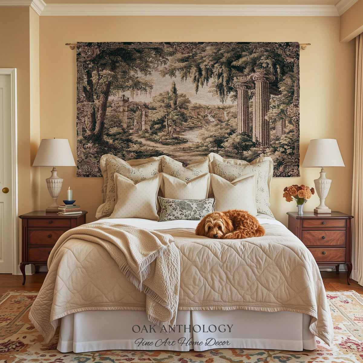 Classical Columns Garden Ruins Landscape Tapestry Woven Wall Hanging | Neoclassical Estate Vista Architectural Botanical Nature Textile Art