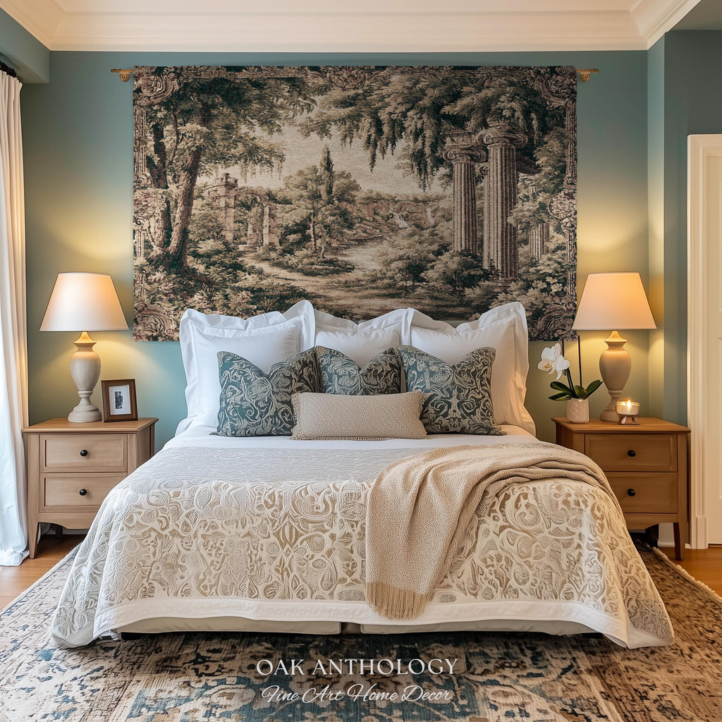 Classical Columns Garden Ruins Landscape Tapestry Woven Wall Hanging | Neoclassical Estate Vista Architectural Botanical Nature Textile Art