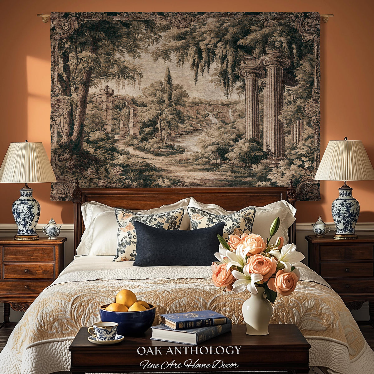 Classical Columns Garden Ruins Landscape Tapestry Woven Wall Hanging | Neoclassical Estate Vista Architectural Botanical Nature Textile Art