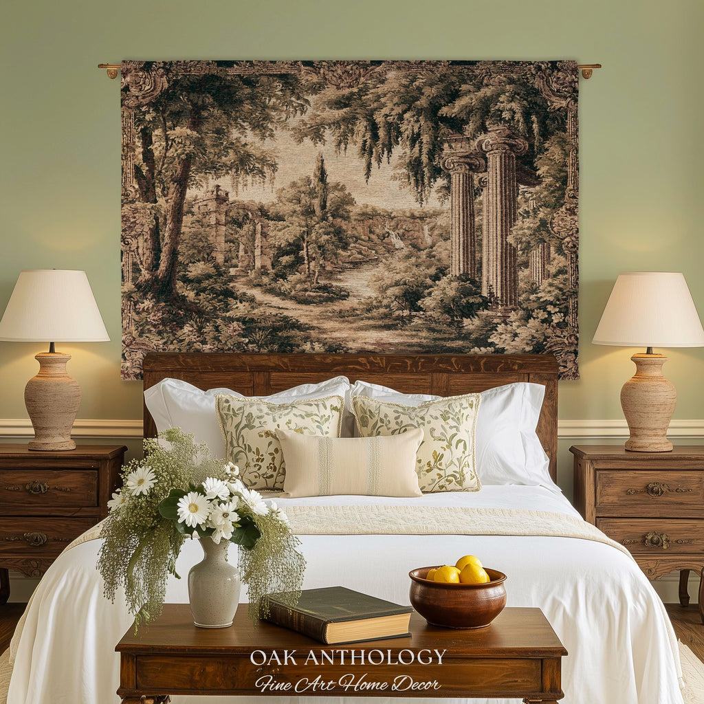 Classical Columns Garden Ruins Landscape Tapestry Woven Wall Hanging | Neoclassical Estate Vista Architectural Botanical Nature Textile Art