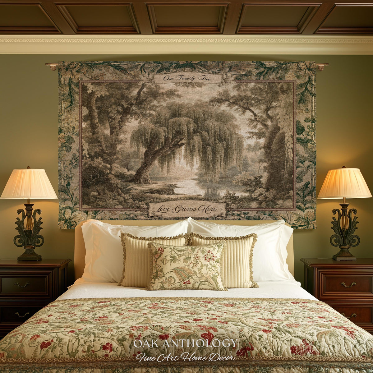 Golden Verdure Weeping Willow Tapestry Custom Family Names | Dreamy Romantic Woven Throw Blanket Ancestral Woodland Personalized Wall Art