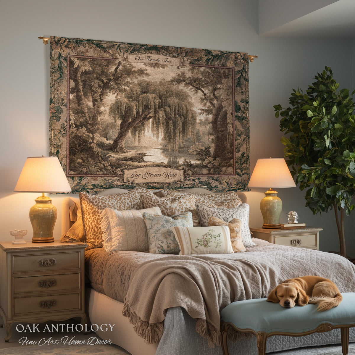 Golden Verdure Weeping Willow Tapestry Custom Family Names | Dreamy Romantic Woven Throw Blanket Ancestral Woodland Personalized Wall Art