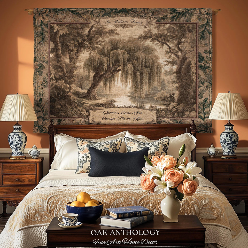 Golden Verdure Weeping Willow Tapestry Custom Family Names | Dreamy Romantic Woven Throw Blanket Ancestral Woodland Personalized Wall Art