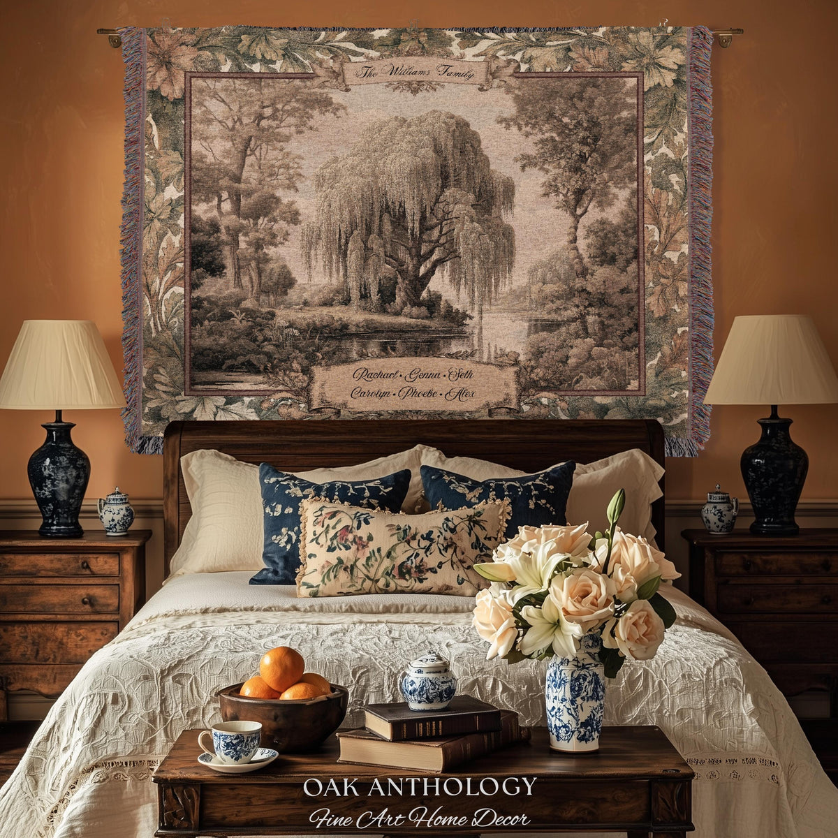 Classical Verdure Weeping Willow Custom Names Tapestry | Elegant Botanical Woven Throw Blanket Personalized Ancestral Timeless Keepsake Gift