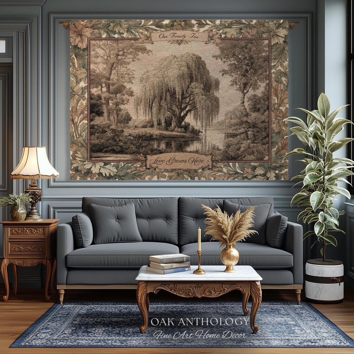 Classical Verdure Weeping Willow Custom Names Tapestry | Elegant Botanical Woven Throw Blanket Personalized Ancestral Timeless Keepsake Gift
